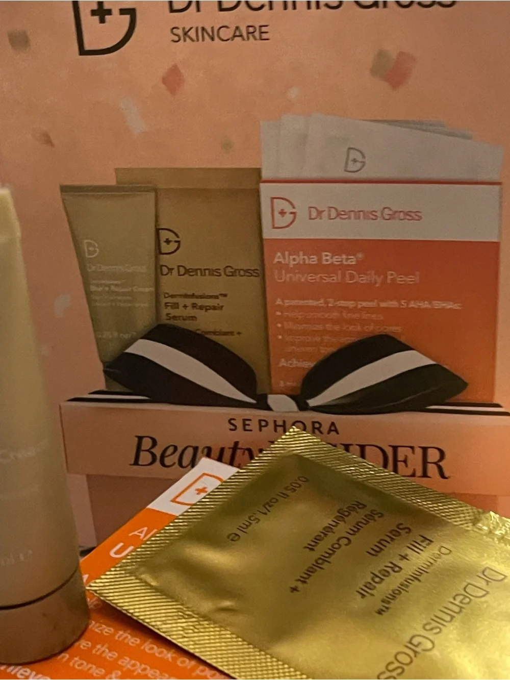 Sephora Peach & Gold Beauty Insider Gift Box with Black-White Ribbon